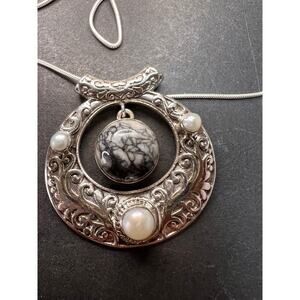 NEW Pinolith Jasper and pearl 925 sterling silver necklace